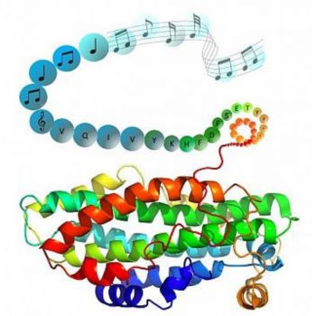 graphic illustration of DNA strands which form into musical sheet notes