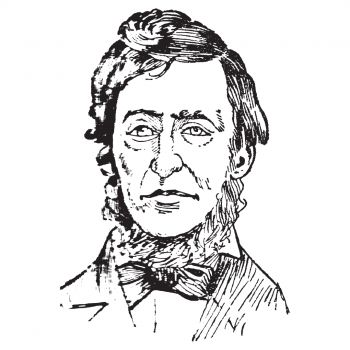 A pencil illustration of Henry Thoreau against a white background.