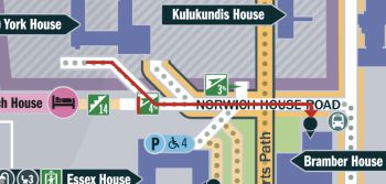 map of Sussex campus showing red arrow from York House to Bramber House