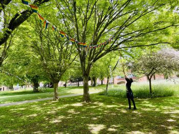A member of the LGBTQ+ Staff Network attaching pride bunting to a tree on campus