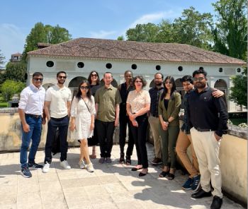 Dr Zahira Jaser with MBA students outside the Villa Foscarini Rossi Shoe Museum