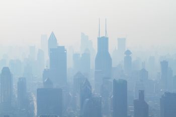 Landscape image of city skyscrapers covered in fog