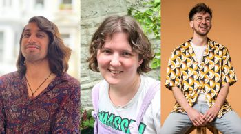 Photo portraits of three people smiling