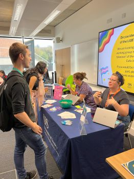 Business School students talking to student ambassadors at the start of term