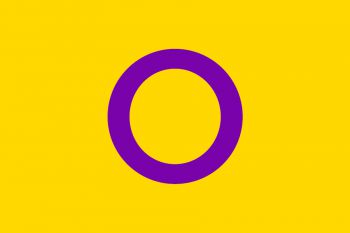 a yellow background with a purple ring in the centre.