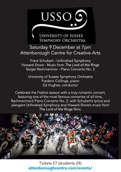 Image of a university orchestra with text notification of date of 9 December 2023 at 7pm in the Attenborough Centre for Creative Arts