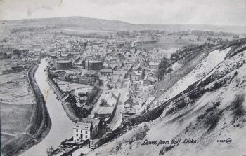Black and white aerial view of Lewes and the river Ouse