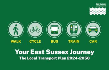 A dark green background with graphics of a person walking, a person cycling, a bus, a train and a car all in green bubbles and text below that reads 
