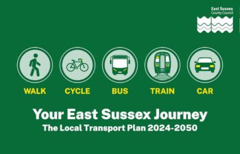 A dark green background with graphics of a person walking, a person cycling, a bus, a train and a car all in green bubbles and text below that reads