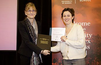 Aphra Murray, winner of Oldham prize, with Prof Gabriella Cagliesi