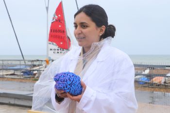 A scientist in a lab coat holding a model of a brain