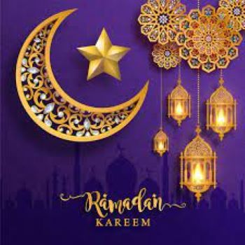 Gold crescent moon and star with purple background and words Ramadan Kareem at the bottom
