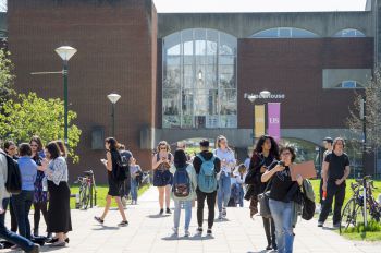 Students walking towards Library Square