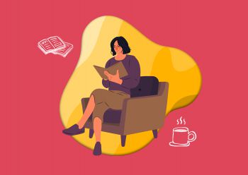 Graphic image of a woman reading a book in an armchair against a pink and yellow background