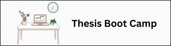 Thesis Boot Camp Banner, shows a small desk with a computer and a flower pot on it