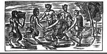 Illustration of a group of half-people, half-creatures dancing in a woodland