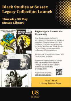 A poster showing the text details of Black Studies @ Sussex Library Launch