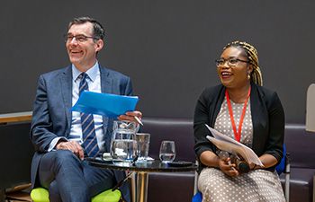 Professor Steve McGuire and Dr Seun Osituyo, interviewing Sophia