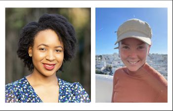 A composite of two profile photographs of the two Adam Weiler winners, Wezi Mangho, a Black woman, and Nico Edwards, a white woman, smiling at the camera.