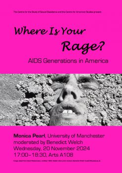 A pink poster with a man's face sticking out through soil