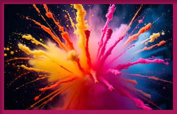 An explosion of colorful powder on a dark background, featuring vibrant hues of yellow, orange, pink, and blue radiating outward in dynamic streaks and clouds.