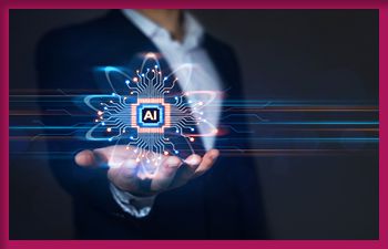 A person in a suit holds out a hand, with a glowing digital representation of an AI chip hovering above the palm. The AI chip is surrounded by circuitry patterns and blue light trails, symbolizing technology and artificial intelligence.