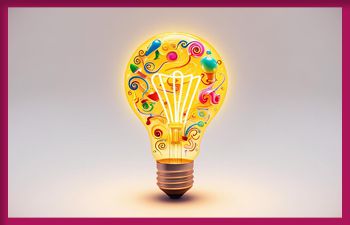 A glowing light bulb with a colorful, intricate design inside, featuring swirls, dots, and abstract shapes in various bright colors. The background is a gradient of light gray to white, and the image is framed by a magenta border.