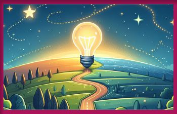 An illustration of a light bulb glowing brightly at the horizon, with a winding road leading towards it. The landscape is divided into green fields on the left and blue fields on the right. The sky is filled with stars and dotted lines