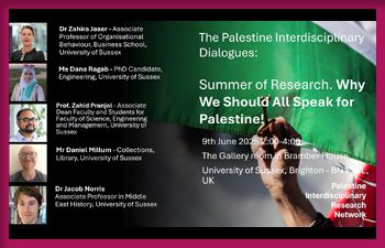 Event poster on why we should all speak for Palestine! Thumbnail images of the speakers, date and time details included, on top of Palestinian flag