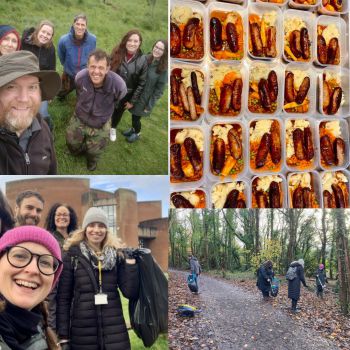 A composite pic of people smiling while out doing litter picks and planting trees
