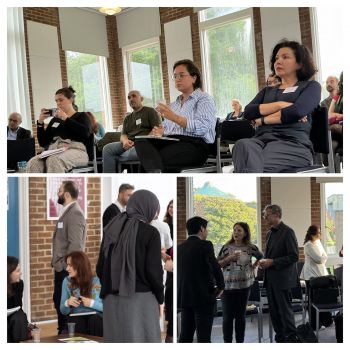A collage of groups of people standing chatting together