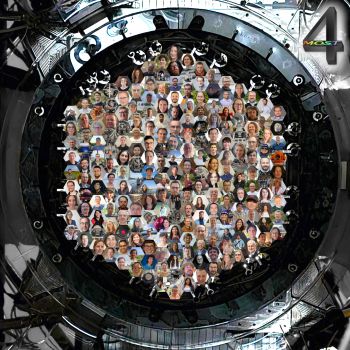 An image of the 4MOST instrument, overlaid with hexagonal images illustrative of individual fibres. Each hexagon contains the face of a person involved in 4MOST, symbolising the people behind the project