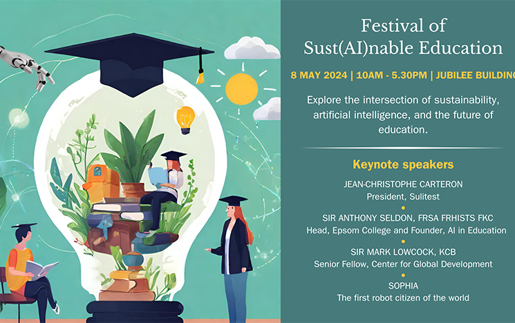 Festival of Sustainable Education invitation with AI technology images and link to news item with more information