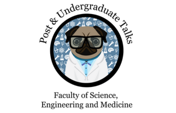 Cartoon image of a Pug dog in a lab coat