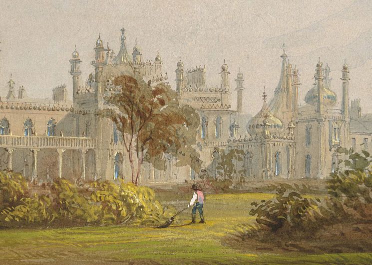 A painting of Brighton Pavilion garden with a figure gardening