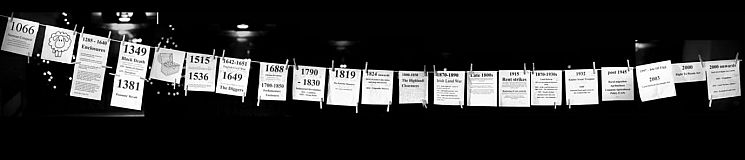 ‘The Washing Line of History’ from 'Three Acres and a Cow' stage show on land rights and protest in England Dated pieces of paper hung on a washing line on show stage, showing potted history of land rights and protest in England